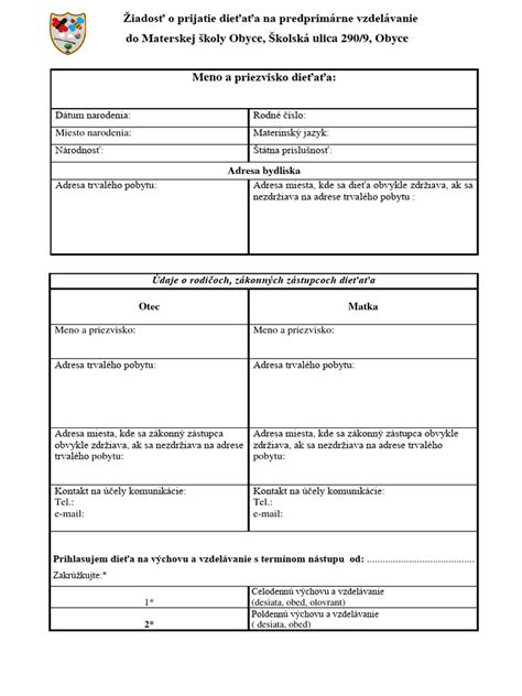 Príklad formulára žiadosti o prijatie do MŠ