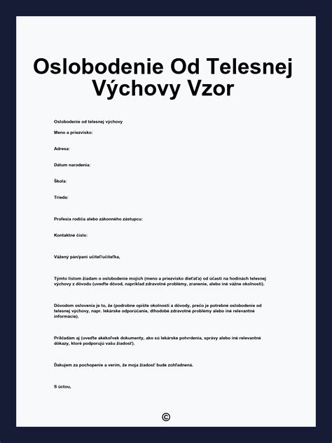 Vzor žiadosti o oslobodenie z telesnej výchovy