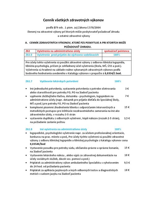 Cenník zdravotných výkonov