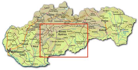 mapa Slovenska s vyznačenými mestami Banská Štiavnica a Žiar nad Hronom
