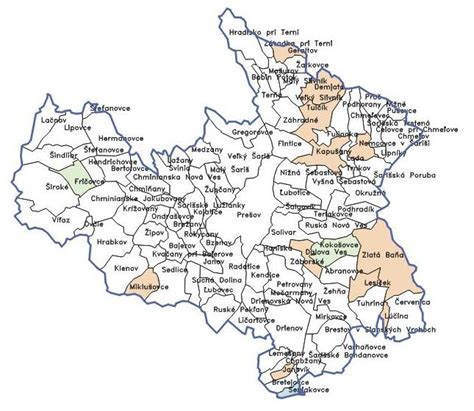 Mapa okresu Prešov s vyznačenou obcou Svinia