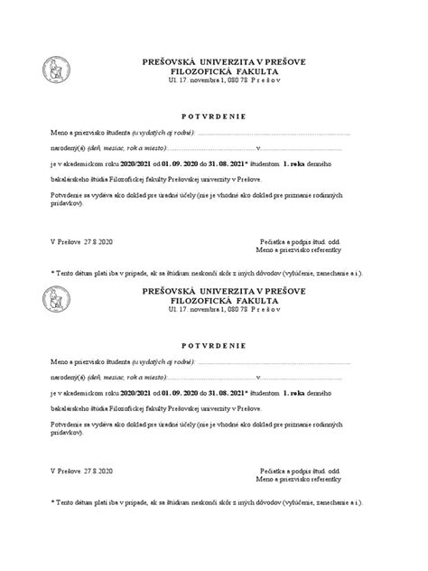 Školské tlačivo pre potvrdenie o návšteve školy