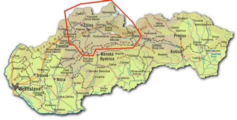 mapa Žilinského kraja s vyznačenými mestami
