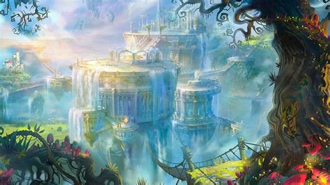 Ilustrácia zobrazujúca typické prvky Kinkadeových malieb: záhrada, potok, domček