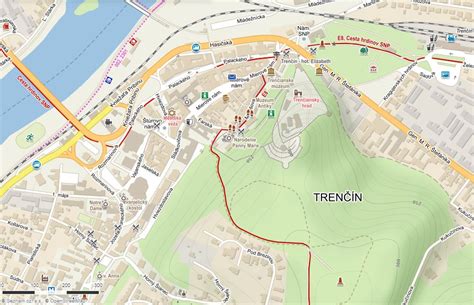 Mapa Trenčína s vyznačenými historickými kostolmi