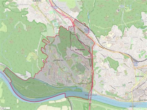 Mapa s vyznačenými lokalitami Karlova Ves a Prievoz v Bratislave
