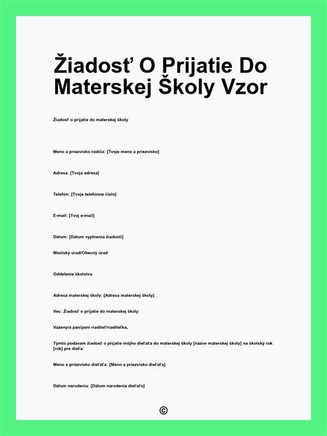 Vzor žiadosti o prijatie dieťaťa do materskej školy