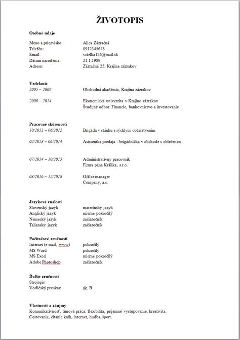 Štruktúra životopisu s vyznačenou sekciou pracovných skúseností