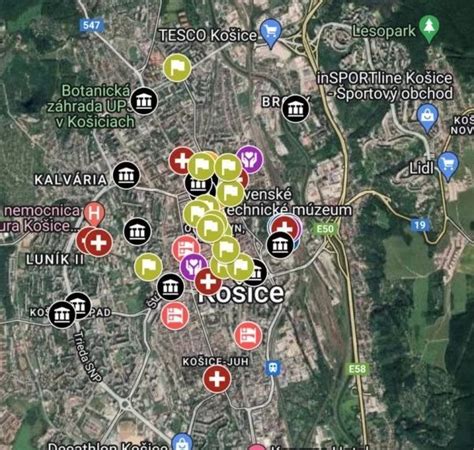 mapa Košíc s vyznačenými nemocnicami