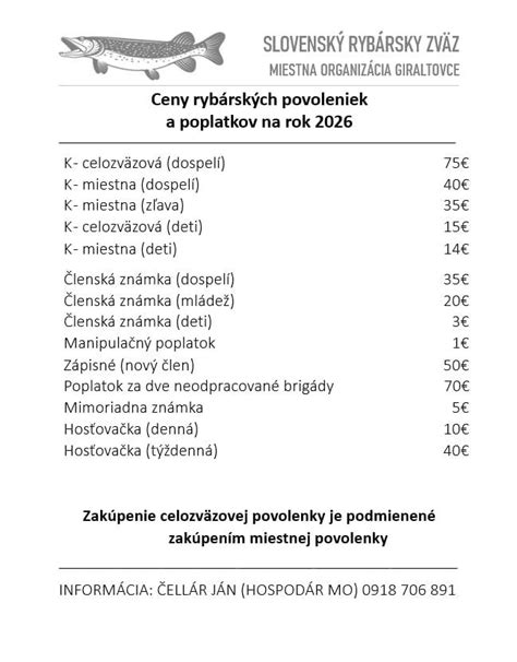 Tabuľka cien rybárskych povolení pre deti a mládež