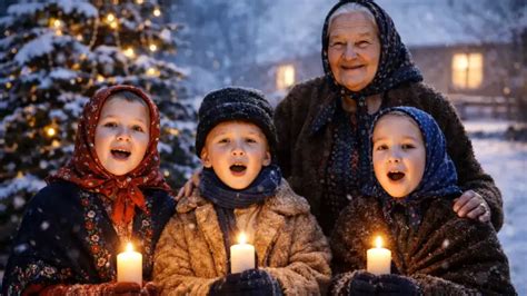 Rodina spieva vianočné koledy pri stromčeku