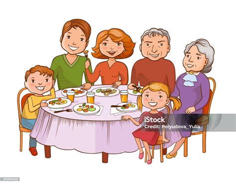 Ilustrácia rodiny s deťmi pri obede