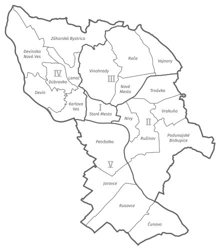 Mapa znázorňujúca rozdelenie školských obvodov v meste