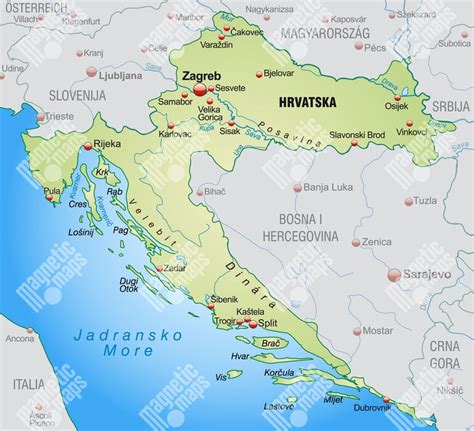 Mapa Chorvátska s vyznačenými hlavnými cestami a mestami