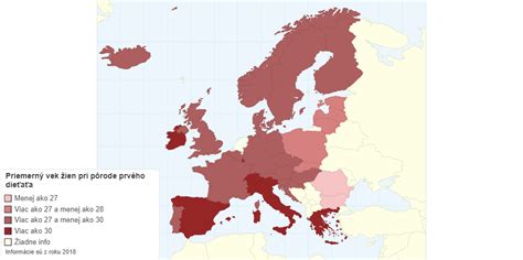 Mapa ukazujúca priemerný vek matiek pri prvom pôrode v európskych krajinách