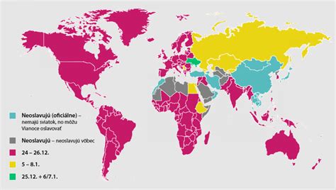 Mapa s vyznačenými krajinami, kde sa Vianoce slávia podľa juliánskeho kalendára