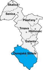 Mapa Trnavského kraja s vyznačeným mestom Dunajská Streda