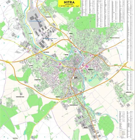 Mapa Nitry s vyznačenými najväčšími mestskými časťami