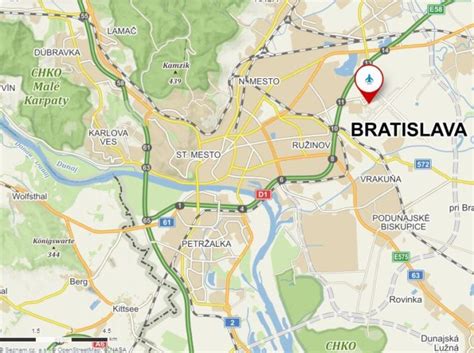 Mapa Bratislavy s vyznačenou Nemocnicou Ružinov