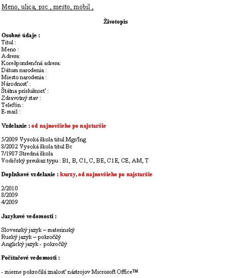Štruktúra životopisu