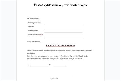 Vzor tlačiva čestného vyhlásenia