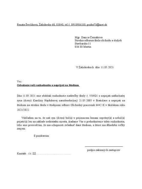 Vzor odvolania na strednú školu