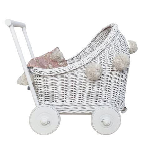 Biely prútený kočík pre bábiky