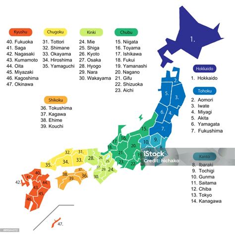 Mapa Japonska s vyznačenými regiónmi