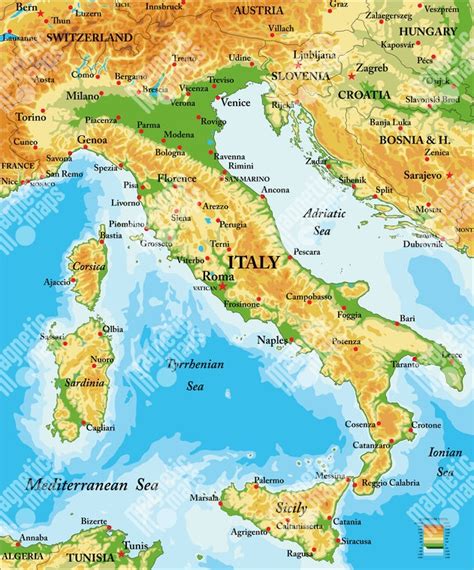mapa Talianska s vyznačenými miestami pôsobenia Caravaggia