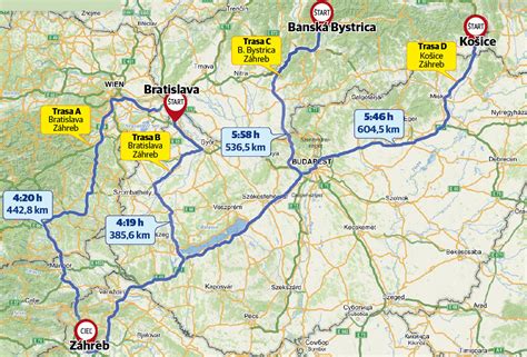 Mapa s vyznačenými možnými trasami z Bratislavy do Chorvátska