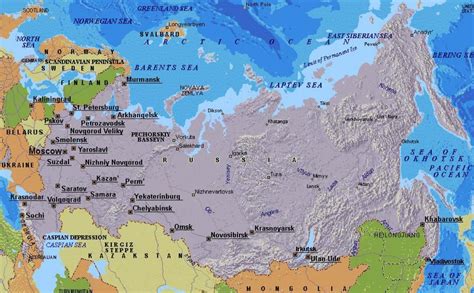 Mapa Ruska s vyznačenými mestami Soči a Moskva