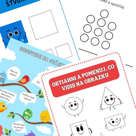 Ilustrácia znázorňujúca rôzne aspekty školskej zrelosti: jemná motorika, reč, sociálna interakcia.