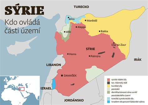 mapa Sýrie s vyznačenými oblasťami konfliktu