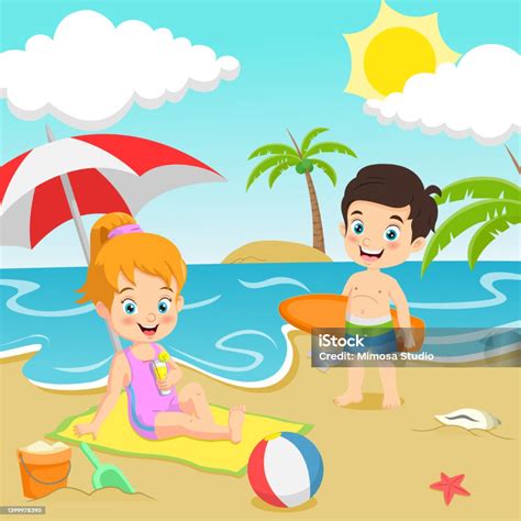 Deti na pláži s plážovou taškou