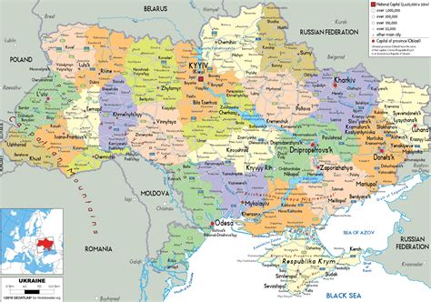 Mapa Ukrajiny s vyznačenými mestami Kyjev a Charkov