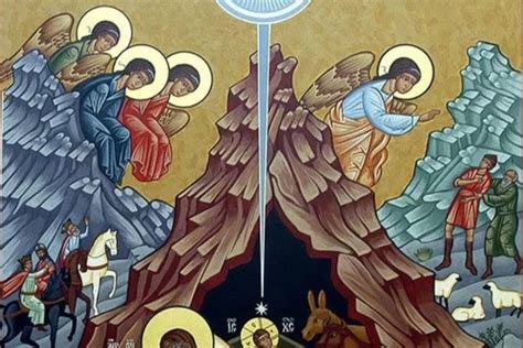 Detaily ikony Narodenia Pána: anjeli a pastieri