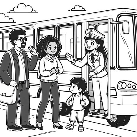 Ilustrácia dieťaťa s rodičom pri nastupovaní do autobusu