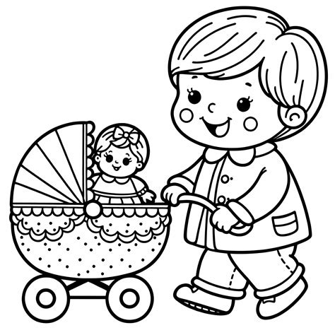 Detské dievčatko s bábikou v kočíku