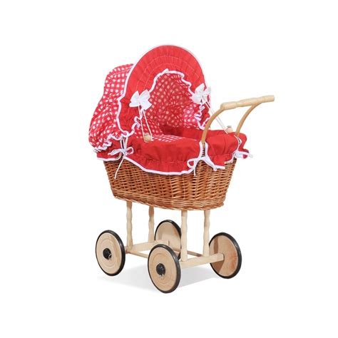 Prútený kočík pre bábiky s červenou látkou