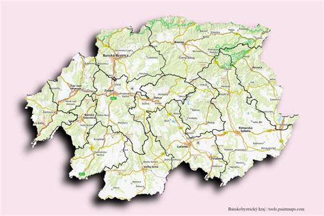 Mapa Banskobystrického kraja s vyznačenými zdravotníckymi zariadeniami