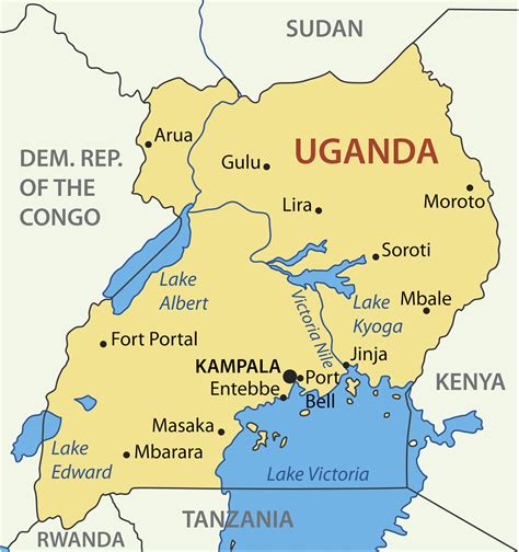 Mapa Ugandy s vyznačeným kráľovstvom Buganda