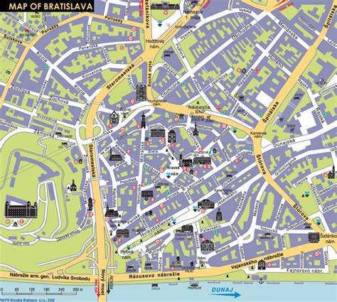 Mapa centra Bratislavy s vyznačenými ulicami