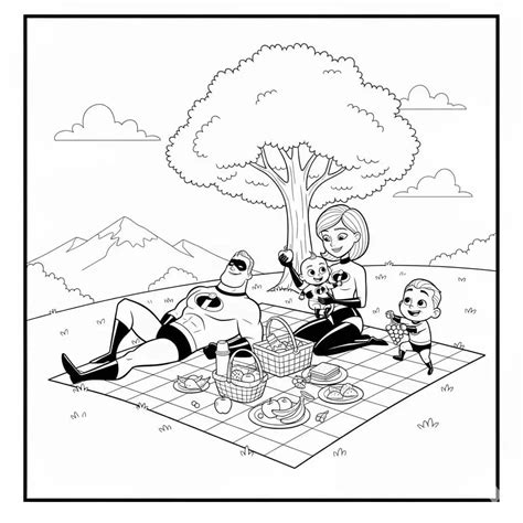 Ilustrácia rodiny s cestovnou postieľkou na pikniku