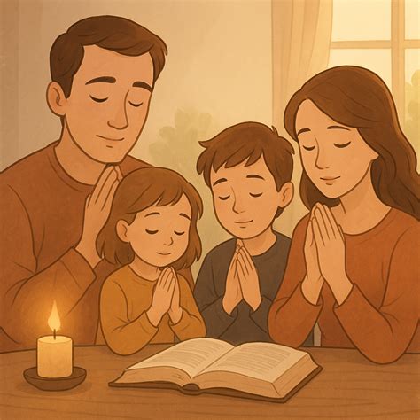 Ilustrácia rodiny modliacej sa večer